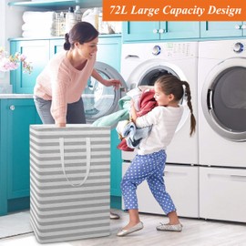 YCJYZLF Large Collapsible Laundry Basket,Freestanding Tall Laundry Hamper with Easy Carry Handles,Laundry Bin, Waterproof Dirty Clothes Hampers for Laundry,Bedroom,Dorm,Towels,Toys (72L,Striped Grey)