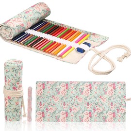 FOSDICK 1Pcs Artist Paint Brush Holder and 1Pcs Paint Brush Rest, Floral Pattern Paint Brush Case, Canvas Paint Brush Storage, 36 Slots Paintbrush Roll Up Pouch for Colored Pencils Art Supplies