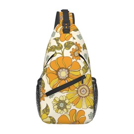 LOSTORCHI Retro 70s Style Flower Crossbody Sling Bag for Women Men Colorful Large Scale Hand Drawn Floral Pattern Travel Sling Backpack Casual Shoulder Bag Groovy Flowers Print Sports Hiking Daypack