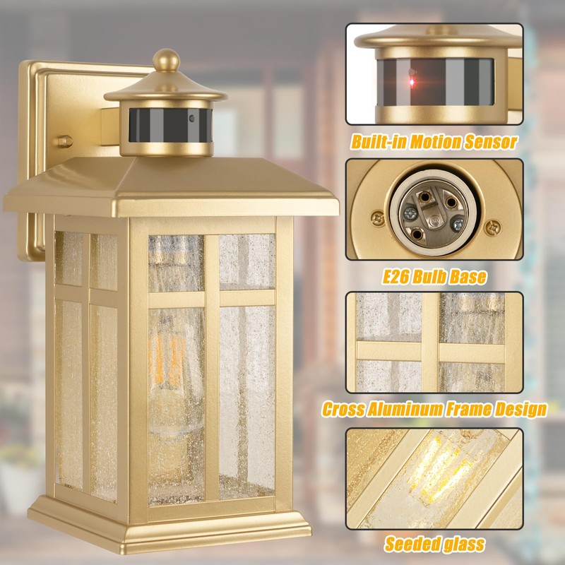 2-Pack Gold Exterior Motion Wall Sconces, Outdoor Waterproof Wall Light