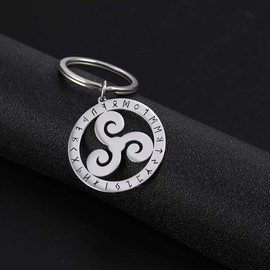 Dreamtimes Viking Keyring Stainless Steel 24 Nordic Runes Keyring Odin Symbol Viking Irish Celtic Knot Keyring for Men Women Viking Amulet Jewellery, triskele
