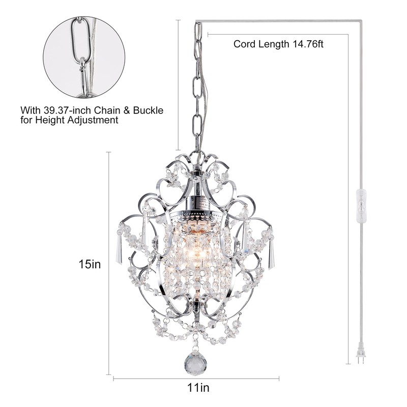 FLSFU Plug in Crystal Chandelier,14.7 Ft Hanging Lights with Clear