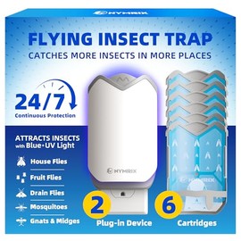 Nymrix Flying Insect Trap, Indoor Plug-in Fly Trap with Blue Light, Bug Catcher for Gnats, Fruit Flies, House Flies, Mosquitoes & Moth – Curved Shield Hides Trapped Bugs (2 Devices + 6 Refills)
