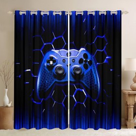 Manfei - Cortinas de ventana con diseño de panal de abeja, color azul, con mando de juego geométrico, para niños, adolescentes, modernos tratamientos de ventana para jugadores, juego de 2 paneles con ojales en la parte superior, 38 pulgadas de ancho x 54