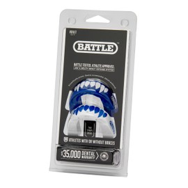 Battle Fangs Football Mouthguard – Sports Mouth Guard with Removable Strap – Protector Mouthpiece Fits With or Without Braces on Teeth – Adult & Youth Mouth Guard Sizes, 2 Pack, Adult (Age 10 & Up), Blue/White