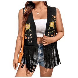 Verdusa Women's Plus Size Fringe Floral Embroidery Sleeveless Vest Cardigan Tassel Jacket Black 3XL