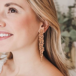 EVER FAITH Rhinestone Crystal Art Deco Statement Earring, Wedding Prom Long Chandelier Dangle Earrings for Women Bride Champagne Rose Gold-Tone