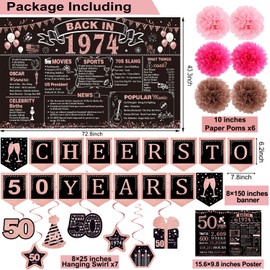 50th Birthday Decorations for Women Men,24PCS 1974 Banner Decorations,Including 1974 Banner,6 Honeycomb Topper,50 Balloons,Anniversary Card,Cheers to 50 Years Banner,7 Hanging Swirl,6 Paper Poms,Sash