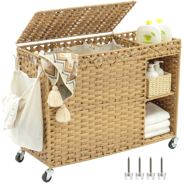 Heybly Laundry Hamper with Wheels, 180L Rattan Wicker Laundry Basket