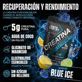 Creatina Monohidratada con Electrolitos | 100% Alta Pureza Micronizada | Hidratacion Rendimiento Muscular | Magnesio, Vitamina B12, C, D | Pre Entreno Suplemento | Testo Rocket Blue Ice | 30 Porciones