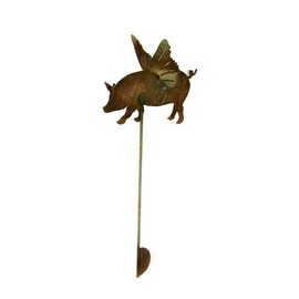 Pets and Farm Animals Metal Garden Landscape Stake (9" Wide Flying Pig on Stake, Naturally Rusted)