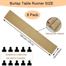 8 Pack Natural Burlap Table Runners,12 x 108 Inch Rustic Jute Table Runner and Placemats Bulk for Western Wedding Table Decorations,Farmhouse Style Party,Holiday,Kitchen Coffee Table Decor Cover