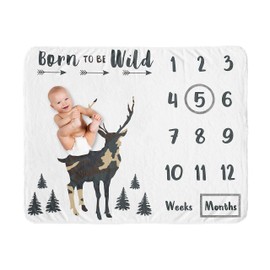 Sweet Jojo Designs Woodland Camo Deer Boy Milestone Blanket Monthly Newborn First Year Growth Mat Baby Shower Memory Keepsake Gift Picture - Beige Green Black Rustic Forest Animal Camouflage Arrows
