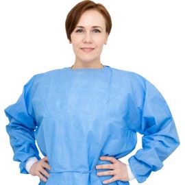 AMU Solutions Level 2 Disposable Isolation Gowns - SMS 35g, Knitted Cuffs, Fully Closed Double Tie Neck and Waist, Universal Fit, Latex-Free, Blue (10)