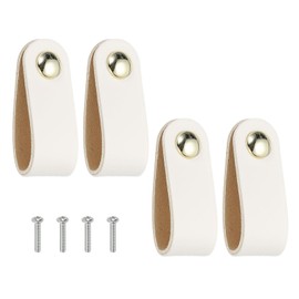 PATIKIL Leather Drawer Pulls, 4 Pcs Leather Handle Single Hole Cabinet Dresser Knobs with Screw for Bathroom Kitchen Dresser Cupboard Door, White