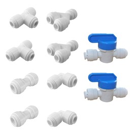 PureSec 3/8 Water Line Fittings 3/8 Push to Connect Fittings for 3/8 OD Tubing(3/8 Ball Valve+3/8 T fitting+Y+L+I , Pack of 10)