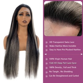 Ubetta Balayage Grey Highlights Lace Front Wigs Human Hair Ombre Black Glueless 13x6 Lace Front Wigs Human Hair Pre Plucked 30 Inch 180% Density Transparent HD Lace Front Wigs for Women