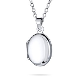 Bling Jewelry Petite Simple Plain Flat Oval Photo Lockets Necklace Pendant for Women and Teens Polished .925 Silver Small Locket That Holds Pictures