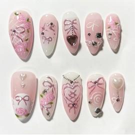 24pcs Pink Press on Nails Medium Almond Fake Nails with Star Heart Pearl Rhinestones Design Bow False Nails Flower Glue on Nails Cute Pink Bows Floral Acrylic Nails Full Cover Stick on Nails for Women