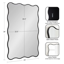 Kate and Laurel Viona Modern Scalloped Rectangle Mirror, 24 x 36, Black, Decorative Wavy Mirror with Unique Rippled Edge for Use as Bathroom Vanity Mirror