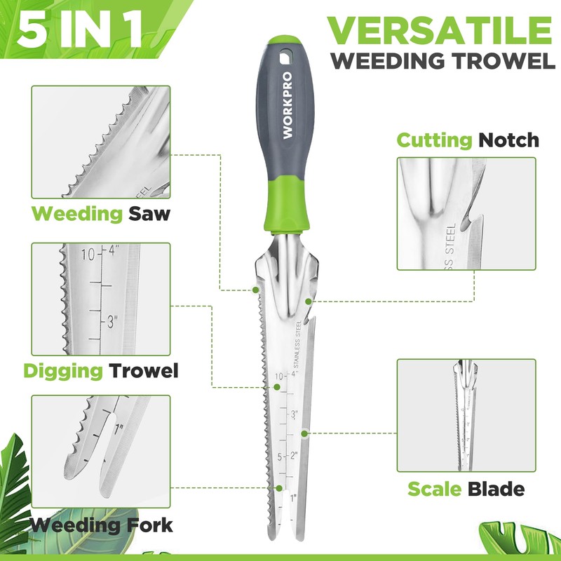 WORKPRO Hand Weeder Puller, 5-in-1 Stainless Steel Garden Trowel with