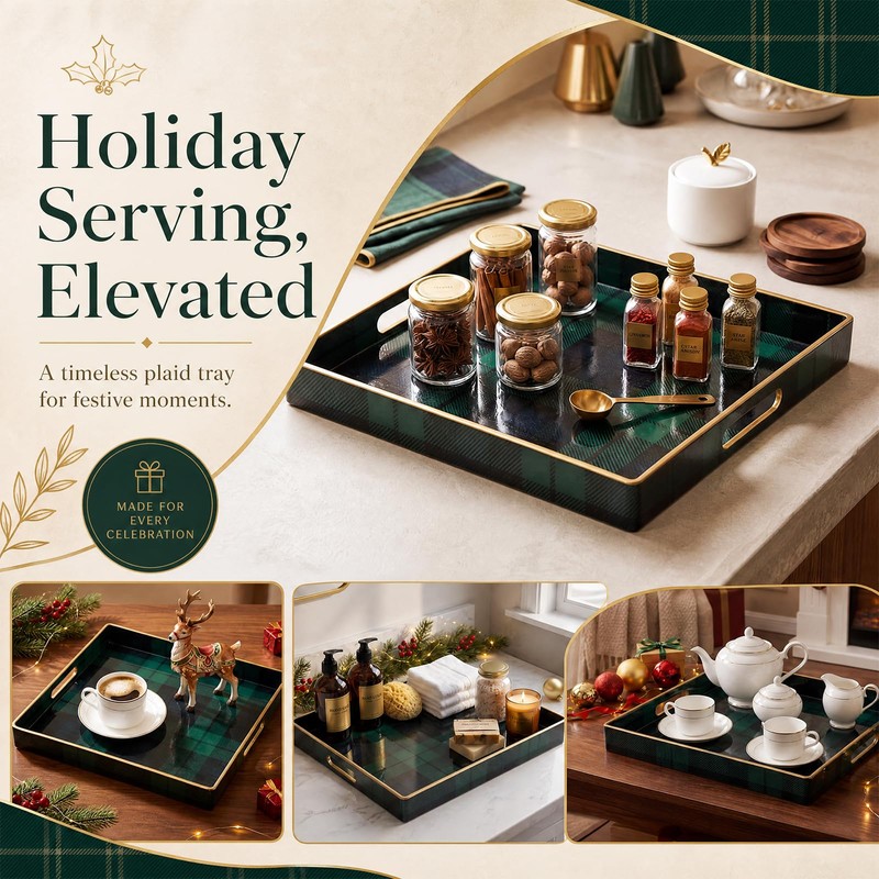 Nuanchu Tartan Christmas Serving Tray, Square Decorative Coffee Table Tray