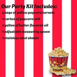 All-in-One Popcorn Party Kit - Includes 4 x Obelys 2lb Gourmet Kernels, 1 Premium Salt Cartons, 1 Gallon Popping Oil, 1 Stainless Steel Shaker & 1 Measuring Spoon for Movie Nights & Celebrations