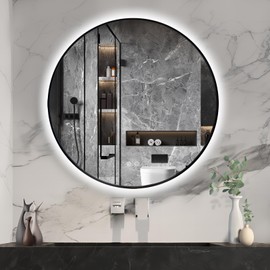 Niccy 28" Round LED Bathroom Backlit Mirror With Lights, Black Frame Lighted Vanity for Wall, Circle With Anti-Fog, Light Up 3 Color ShatterProof