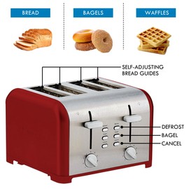 Kenmore 4 Slice Toaster Red Stainless Steel Dual Controls Extra Wide Slots Bagel Defrost Functions 9 Browning Levels Removable Crumb Trays for Bread Toast English Muffin Toaster Strudel