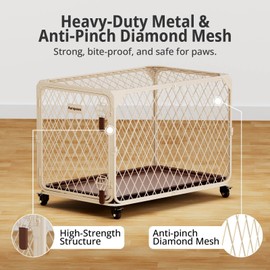 Aurapaws Dog Crate, 30 Inch Diamond Mesh Enhanced Dog Kennel with 4 Lockable Wheels, Removable Tray, Metal Cage Dog Crates for Medium, Small Dogs, Pets up 70 lbs, Ideal for Indoor Outdoor Use