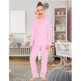 Veseacky Unisex Girls Boys Long Sleeve Sleepwear Button Down 2 Piece Pajama Set for 5-14 Years, lightpink