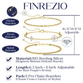 Finrezio 3 Pcs Gold Bracelet for Women 14K Gold Plated Stacking Bracelets Sterling Silver Bracelet Layered Dainty Link Chain with Cubic Zirconia Bracelet Adjustable Bracelets Gold Jewellery for Women