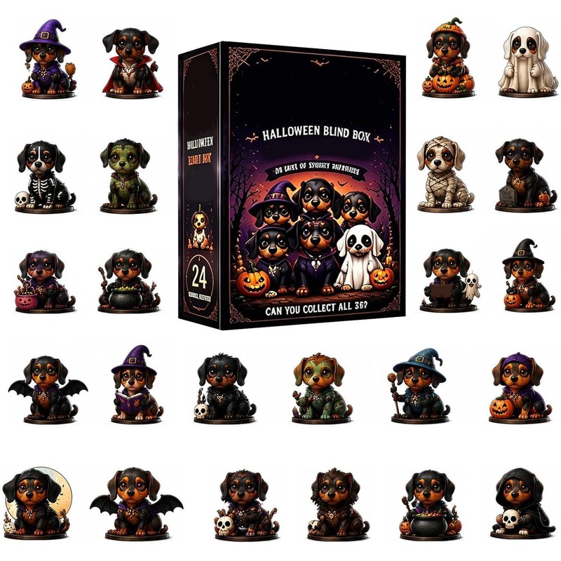 Halloween Countdown Calendar Advent 24 Piece 2D Acrylic Dog Figurines