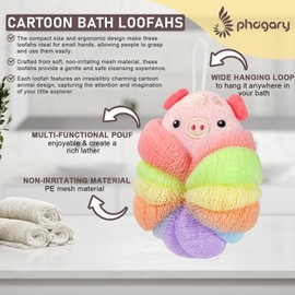 PHOGARY 3 Pack Bath Loofahs Shower Sponge Balls, Animal Mesh Pouf, Children Shower Puff Bath Sponges Body Scrubber Exfoliator for Shower Lather Cleanse