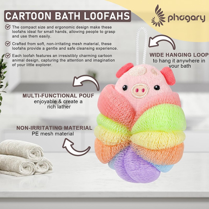 PHOGARY 3 Pack Bath Loofahs Shower Sponge Balls, Animal Mesh