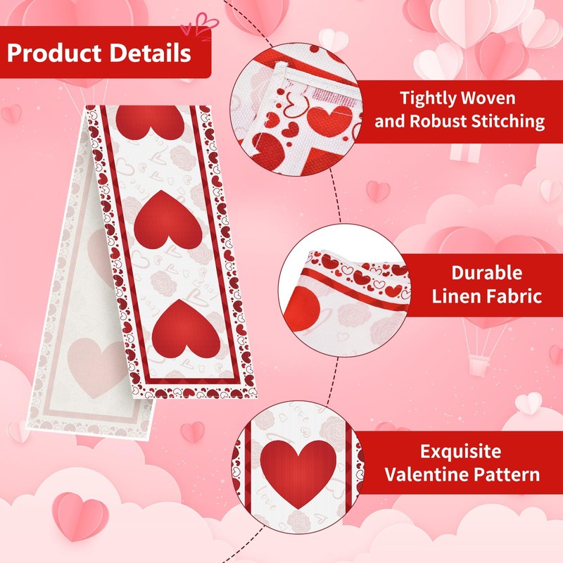 Valentine's Day Heart Table Runner 72 x 13 Inch Decorations,