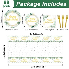 98Pcs Sage Green Retirement Party Supplies Greenery Happy Retirement Party Plates Napkins Gold Green Going Away Parties Tablecloth Table Cover Decor for Men Women Coworker Goodbye Parties Supplies