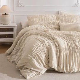 Masaca Oversized King Comforter 128"x120",Ruched Wheat Extra Large King Comforter Set,3 Pieces Lightweight Fluffy Ruffle Comforter Set Shabby Boho Chic Bedding Ultra Soft