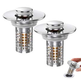 3-in-1 Bathroom Sink Drain Strainer, Stainless Steel Pop-up Strainer Basket Hair Catcher with Removable Basket, Brass Bullet Core, Universal Fit 0.98-1.4 inch (2PCS)