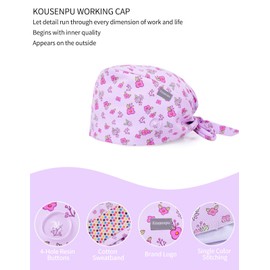 Kousenpu Scrub Caps Women, Adjustable Working Cap with Buttons, Cute and Breathable Surgical Cap with Sweatband One Size (US, Alpha, One Size, Pink Flower)