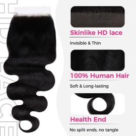 Lashey 5x5 HD Lace Closure, Natural Black HD Closure Pre Bleached Knots Pre Plucked Hairline Body Wave Human Hair 14 Inch