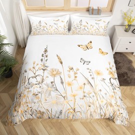 Homemissing Orange Flowers Pattern Duvet Cover Set Single Size for Girls Adults Women Kids Butterflies Print Bedding Set Garden Flower Comforter Cover with 1 Pillowcases Nature Theme Zipper