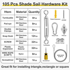 WHIFUTENS 105pcs Sun Shade Sail Hardware Kit for Outdoor Garden, Craft, Pergola, 304 Stainless Steel Sun Shade Accessories Set Include Wire Rope, Turnbuckle, Screw, Snap Hook, Pad Eye