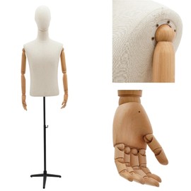 Male Mannequin Dress Form Torso, 53-76In Adjustable Dress Mannequin Body Linen Surface with Stand, Clothing Mannequin with Wooden Arms for Clothing Retail Sewing Shop (Linen+Black, 53-76In)