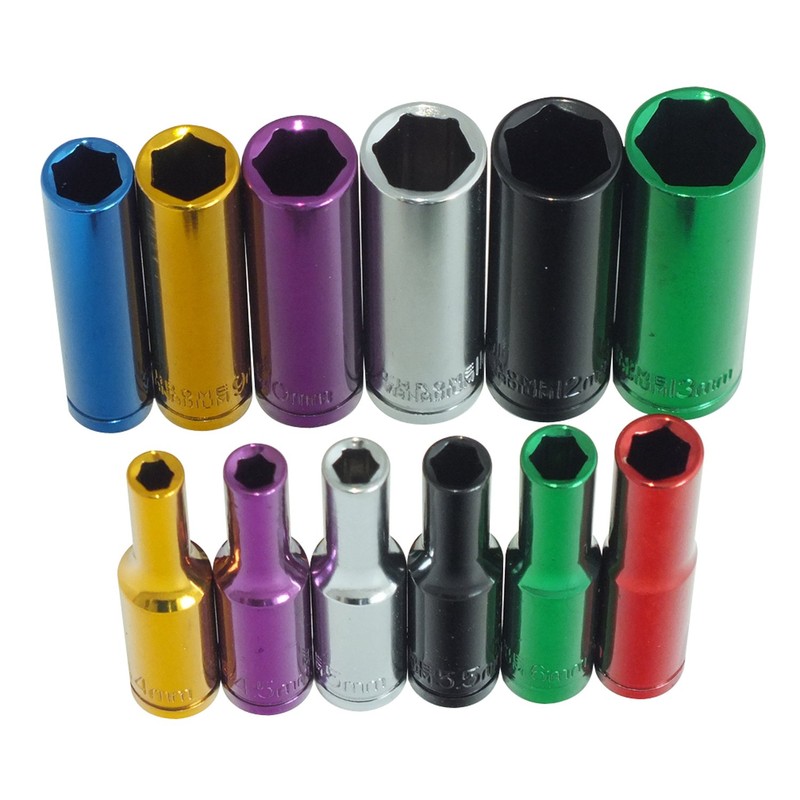 Voche® 12 Piece 1/4" Deep Coloured Colour Chrome Vanadium Sockets