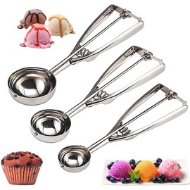 THJOPOKEEL 3PCS Ice Cream Scoop, Premium Cookie Dough Scoop Set, Small/Medium/Large Stainless Steel Scoops, Professional Ice Cream Scooper with Trigger Release for Baking, Cookie, Fruit and Ice Cream