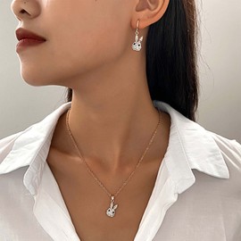 Wendalern Rabbit Necklace Earrings Set Pretty Crystal Rabbit Necklace Cute Rhinestone Rabbit Dangle Earrings Statement Necklace Hoop Huggie Earring Jewellery Set Gifts for Women Girls