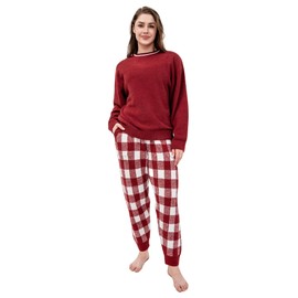 DAVID ARCHY Christmas Pajamas for Women Set 2 Piece Soft Fleece Sleepwear Long Sleeve Tops and Plaid Pants with Pockets(M, Solid) Red