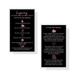 Sugaring Hair Removal Aftercare Cards | 50 Pack | Size 2x3.5” inches Business Card Size | Sugaring Aftercare Kit Cards | Black with Rosey Pink Design