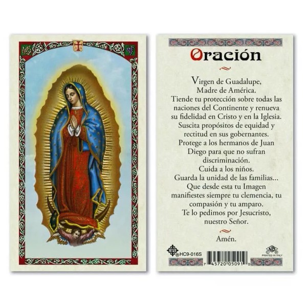 Virgen de Guadalupe Oración laminated prayer card in Spanish